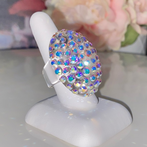 Large Crystal Statement Ring For Women Embellished With Aurora Borealis Crystals - Picture 6 of 10